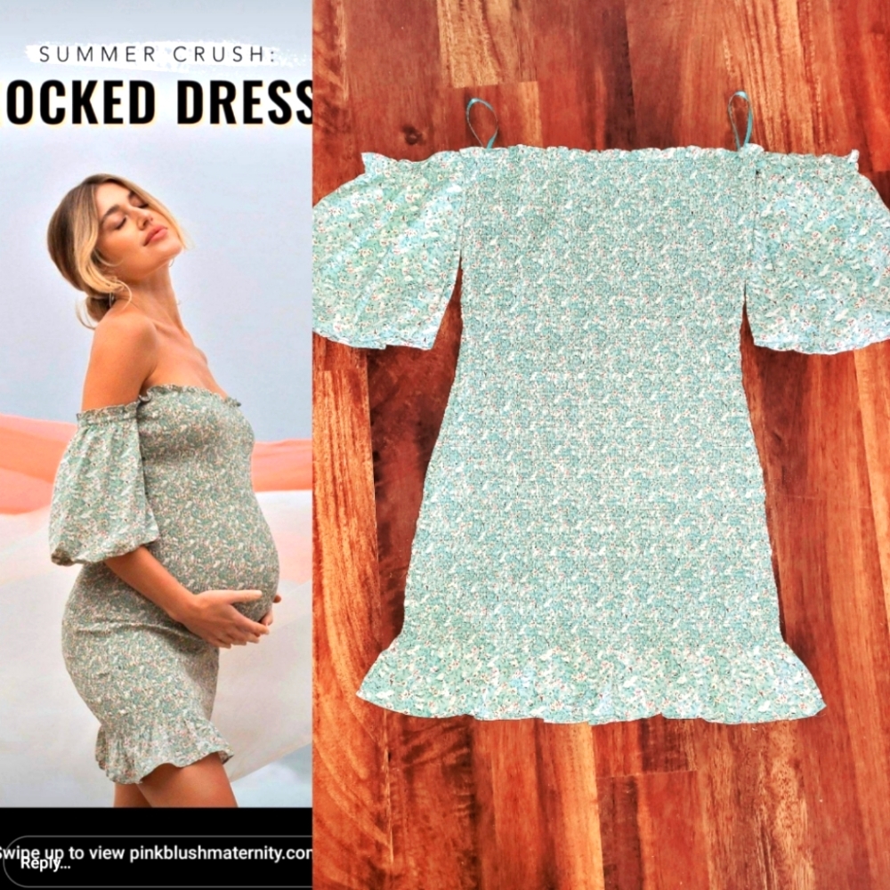 Light Olive Floral Smocked Off Shoulder Fitted Dress
